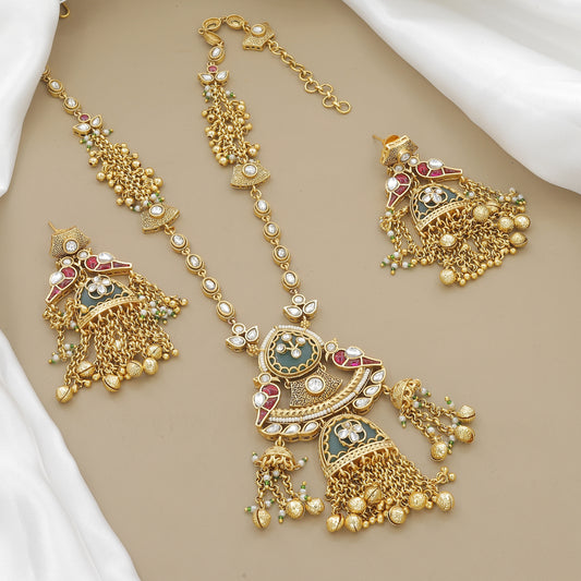 Antique Gold-Toned Peacock Motif & Green Enamel Necklace Set