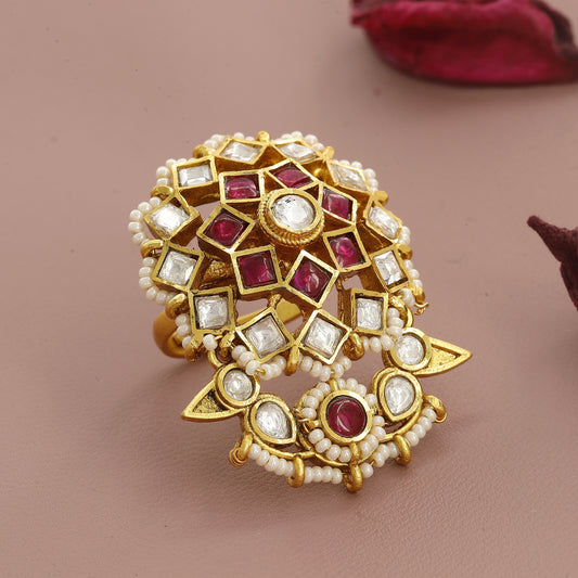 Big Kundan Heritage Wedding Free Size Ring