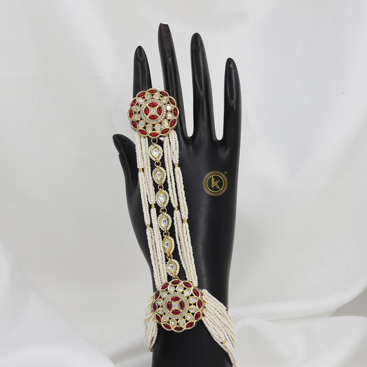 Designer Gold Plated Hath Panja with Pearls & Gems