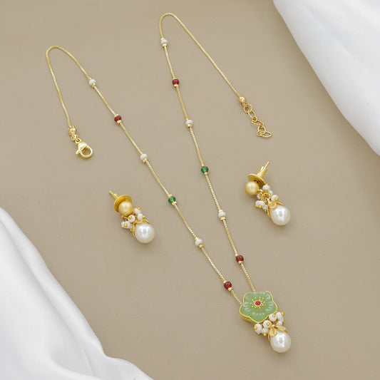 Elegant Gold-Toned Pearl & Green Stone Floral Necklace Set with Earrings