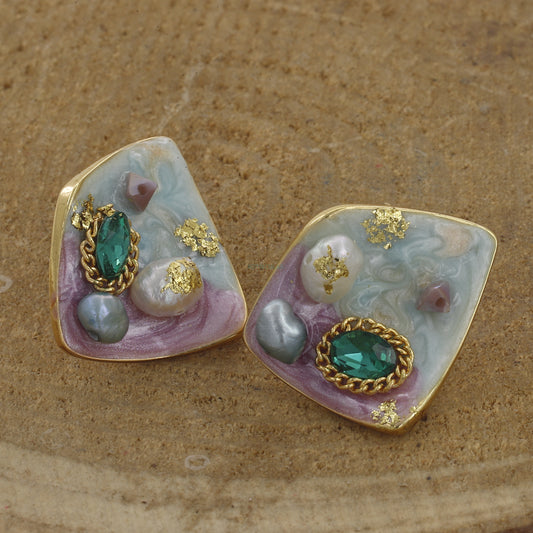 Multi Color Stone Medium Size Vintage Earrings