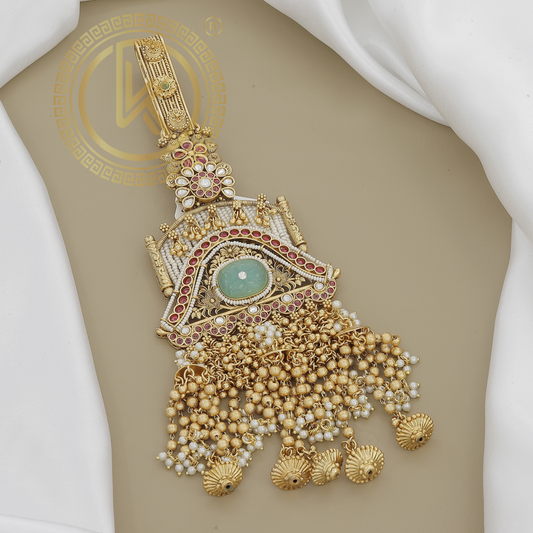 Ornate Temple-Inspired Belly Juda with Green Stone and Pearl Tassels