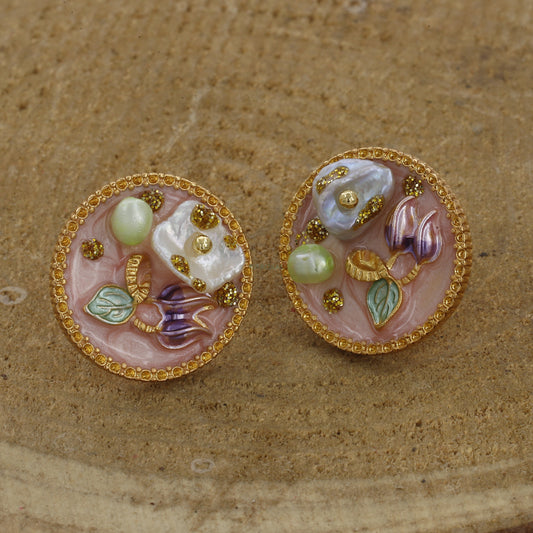 Pink Color Flower Design Vintage Round Earrings