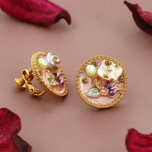 Pink Color Flower Design Vintage Round Earrings