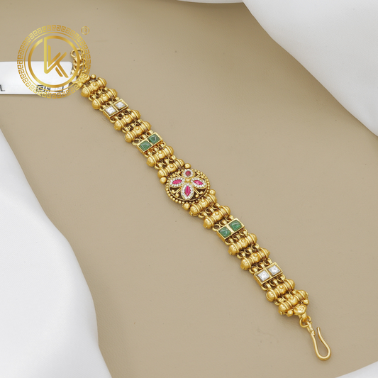 Traditional Gold Plated Bracelet with Ruby, Emerald, and Pearl Accents