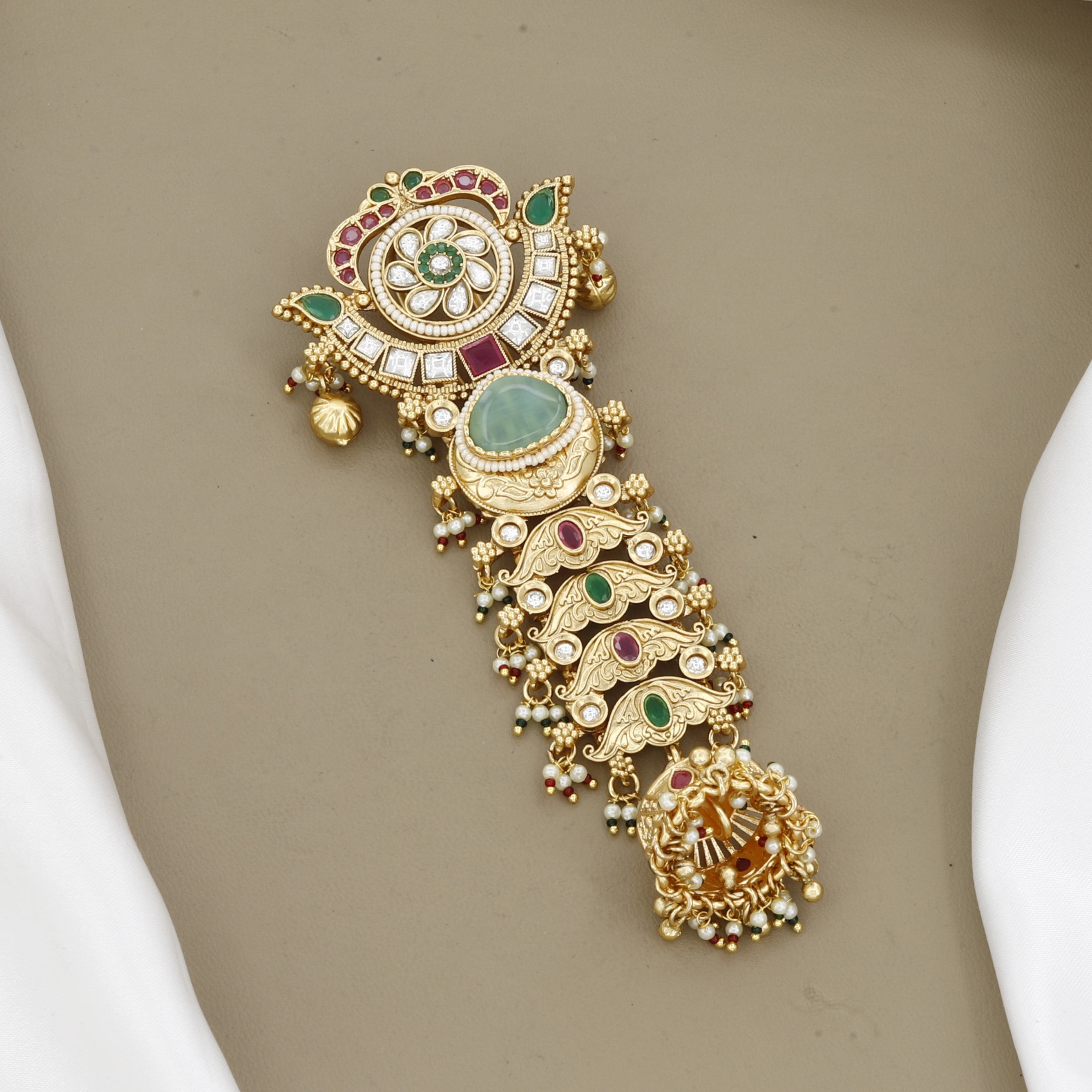 Antique Gold Multi-Stone Jadatirami / Choti Hair Ornament with Jhumka Drop