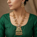 Long Antique Gold Tone Necklace Set with Floral & Peacock Motifs