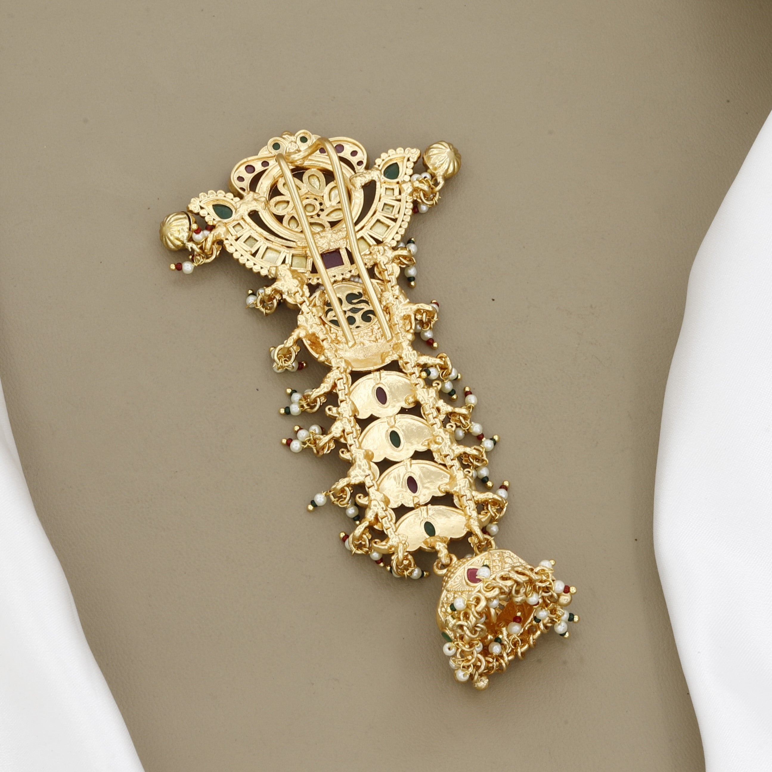 Antique Gold Multi-Stone Jadatirami / Choti Hair Ornament with Jhumka Drop