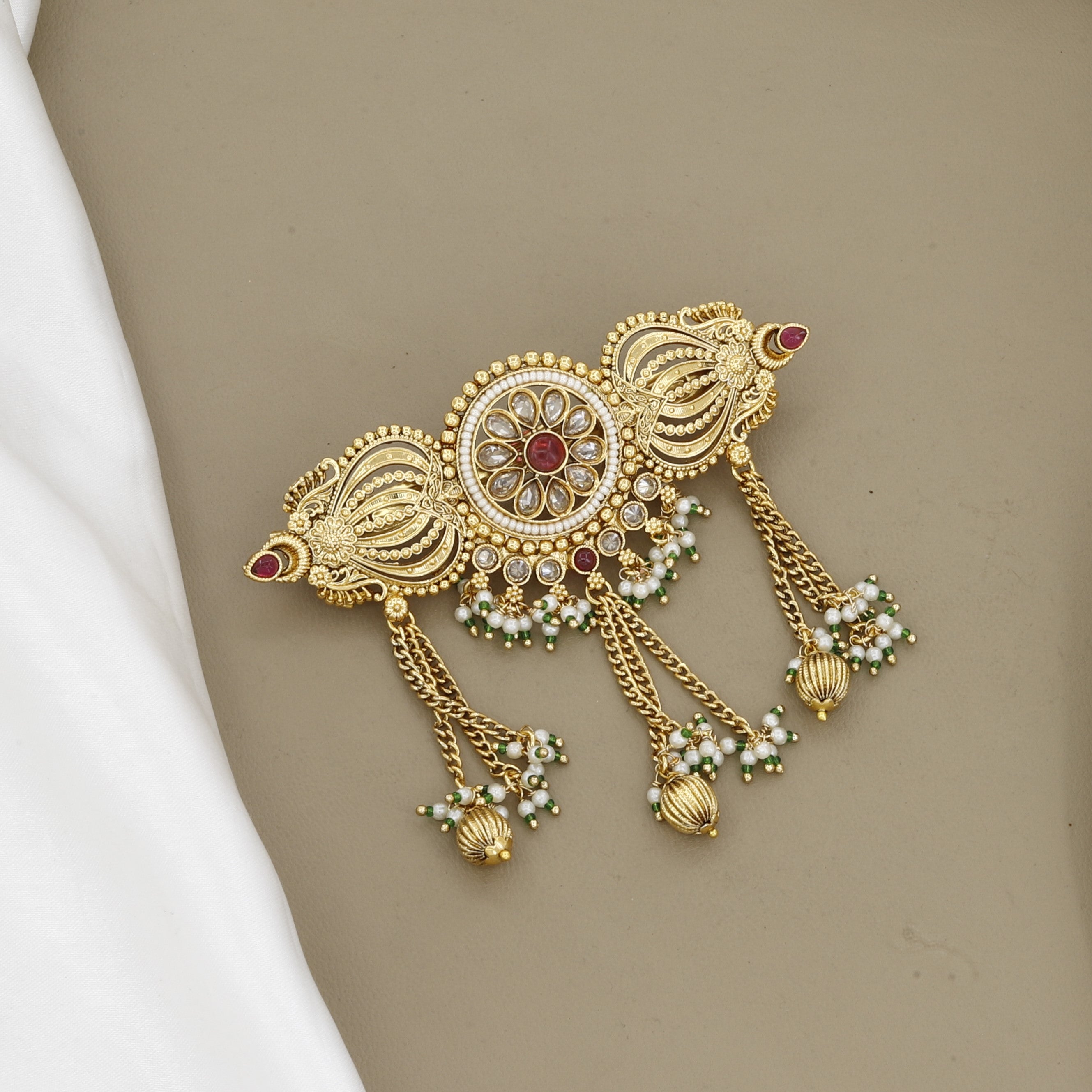 Antique Gold Floral Temple Hair Pin with Ruby Stone & Pearl Drapes