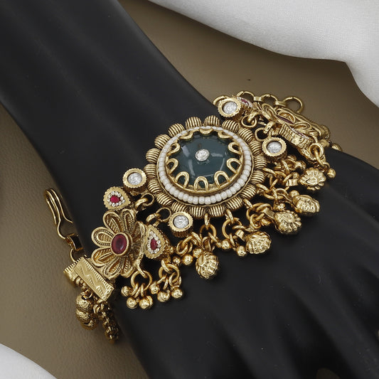 Regal Matte Gold Toned Antique Kundan Bracelet