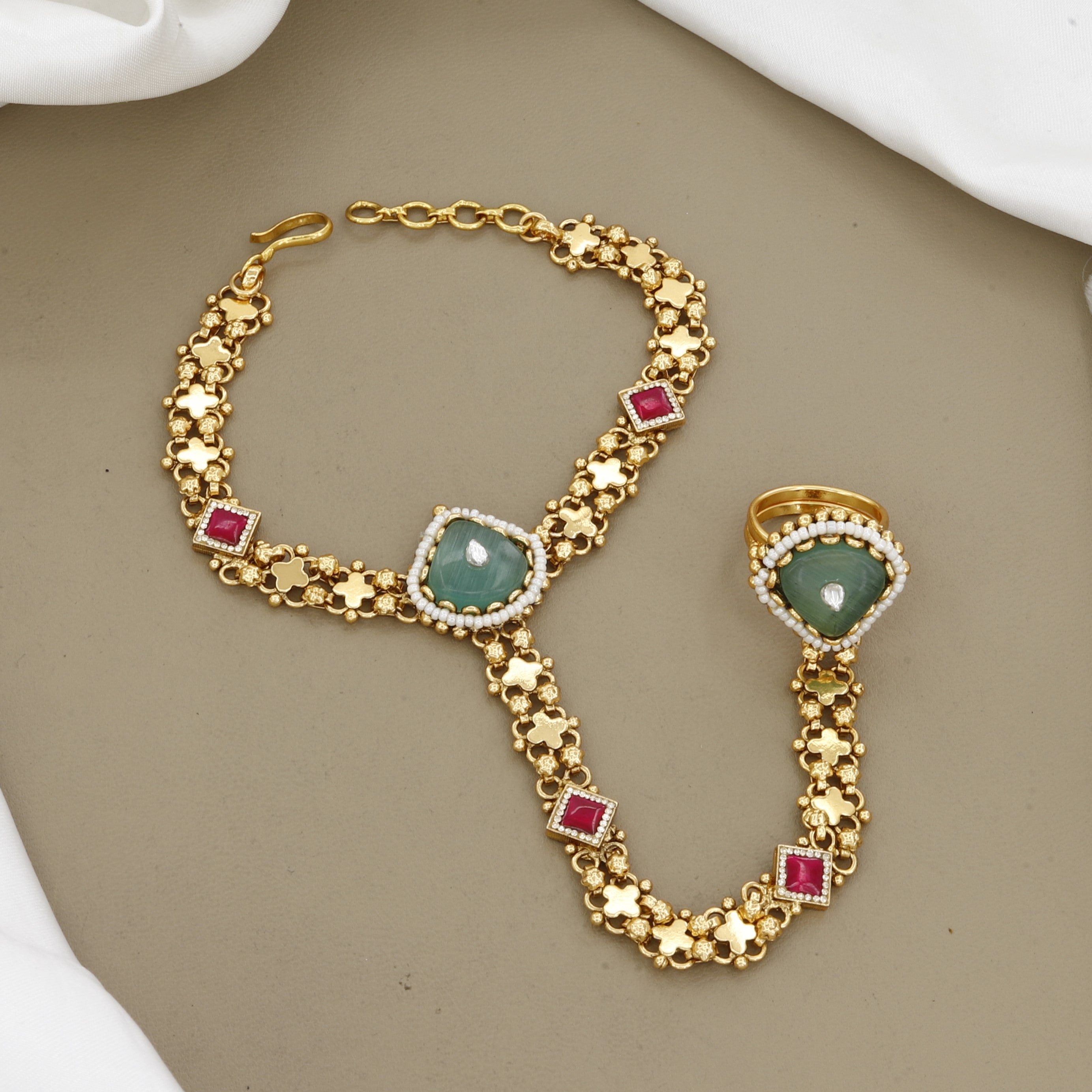 Gold-Plated Kundan Hathphool with Emerald-Green & Ruby-Red Accents
