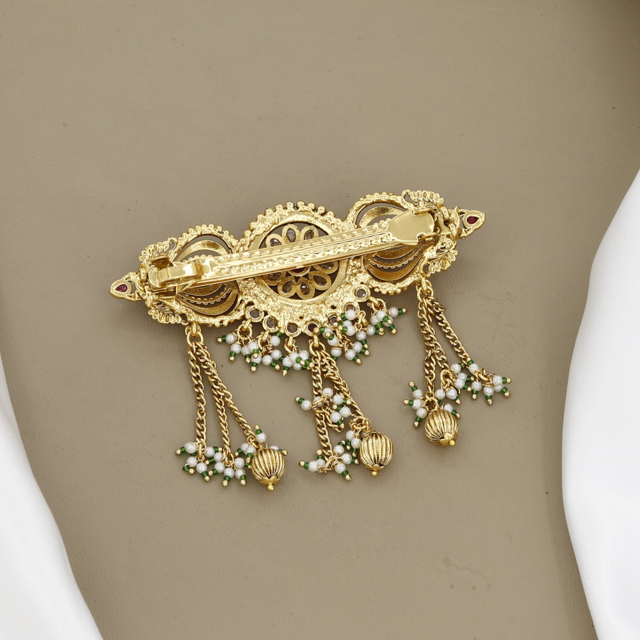 Antique Gold Floral Temple Hair Pin with Ruby Stone & Pearl Drapes