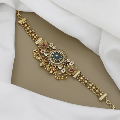 Regal Matte Gold Toned Antique Kundan Bracelet