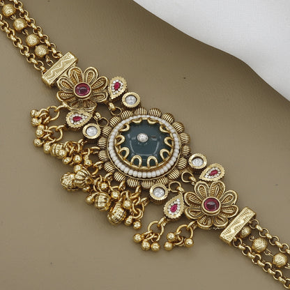 Regal Matte Gold Toned Antique Kundan Bracelet