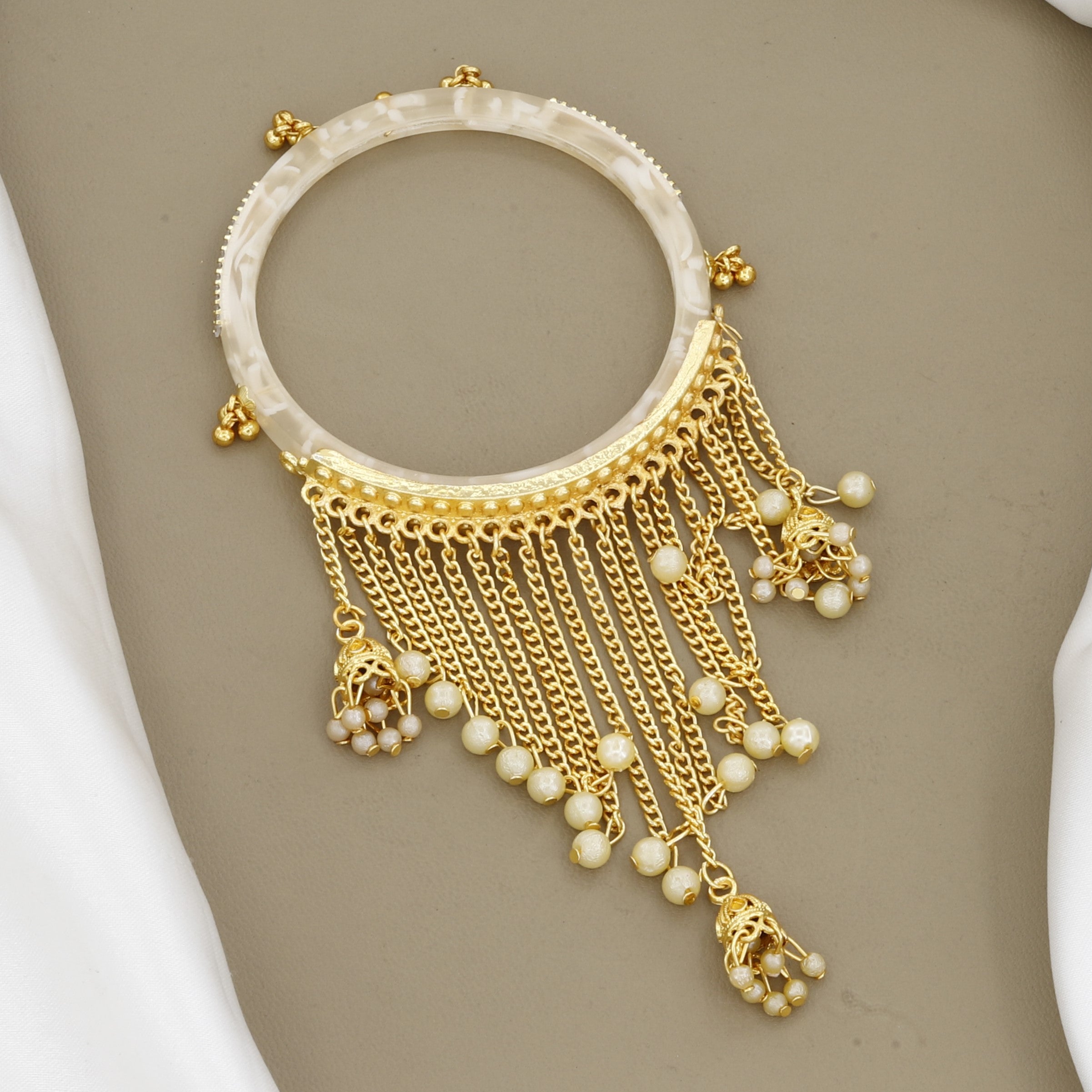 Handcrafted Cream Resin Bangle Set with Gold-Plated Accents and Pearl Charms