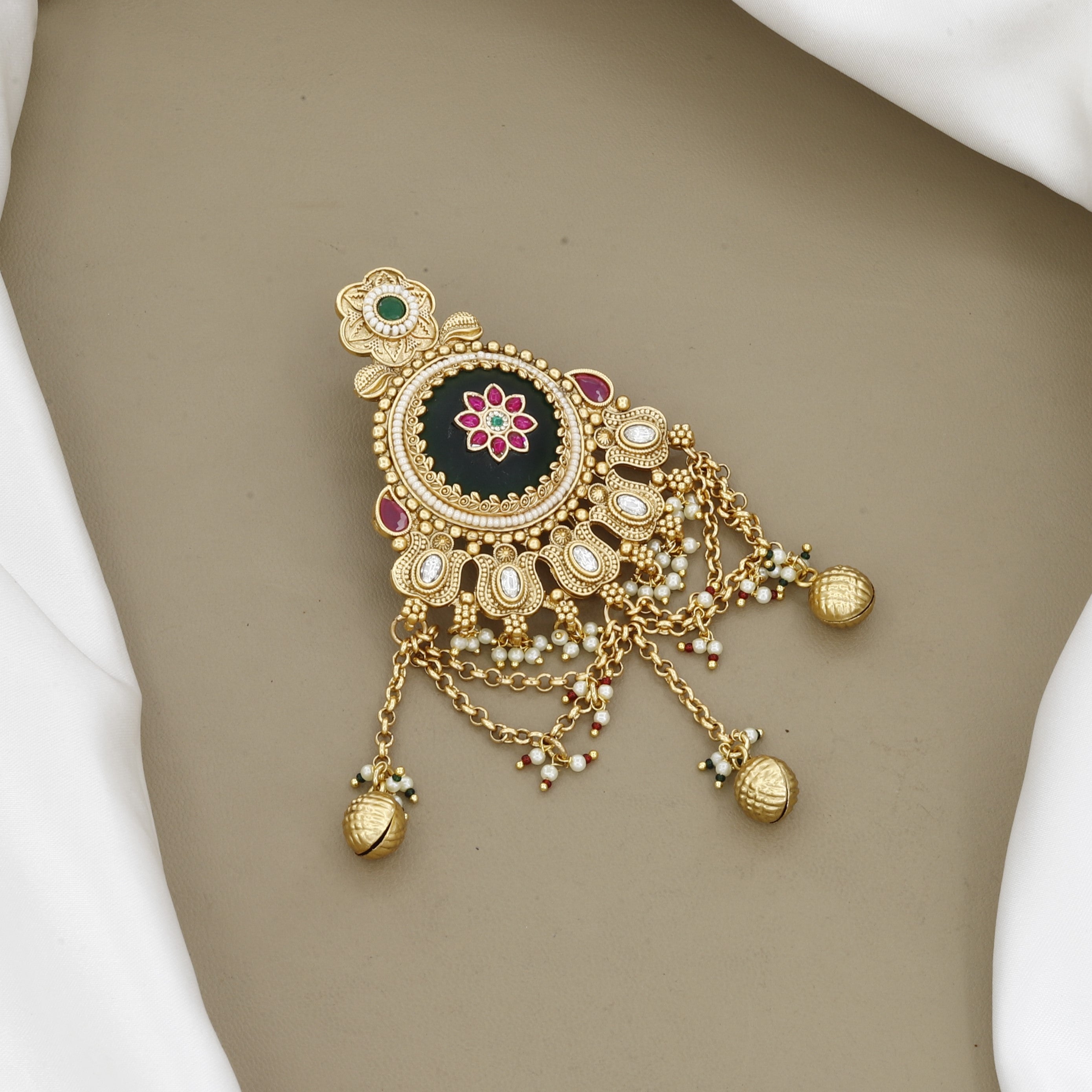 Antique Gold Lakshmi Temple Hair Brooch with White Stones & Pearls