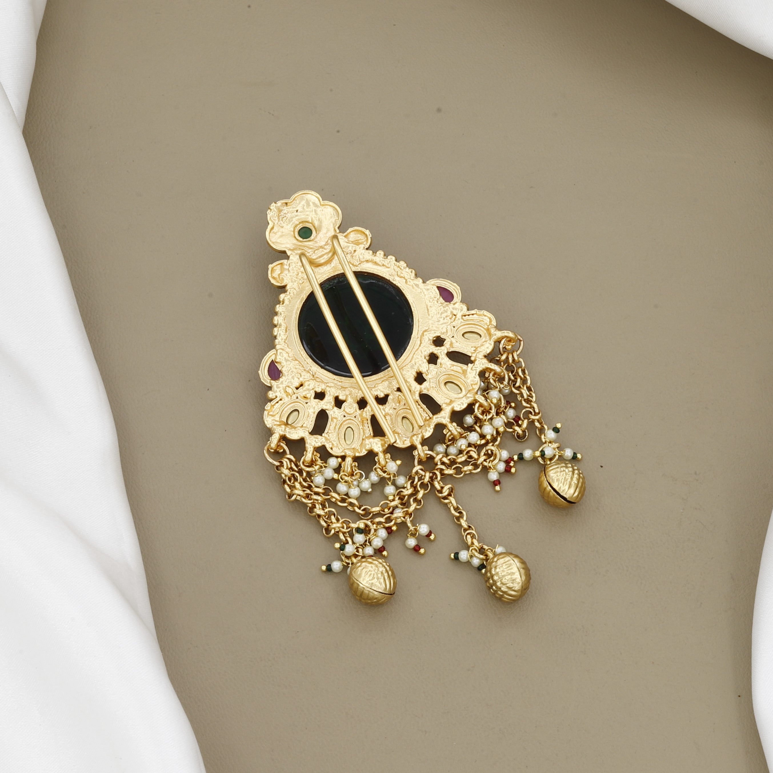 Antique Gold Lakshmi Temple Hair Brooch with White Stones & Pearls