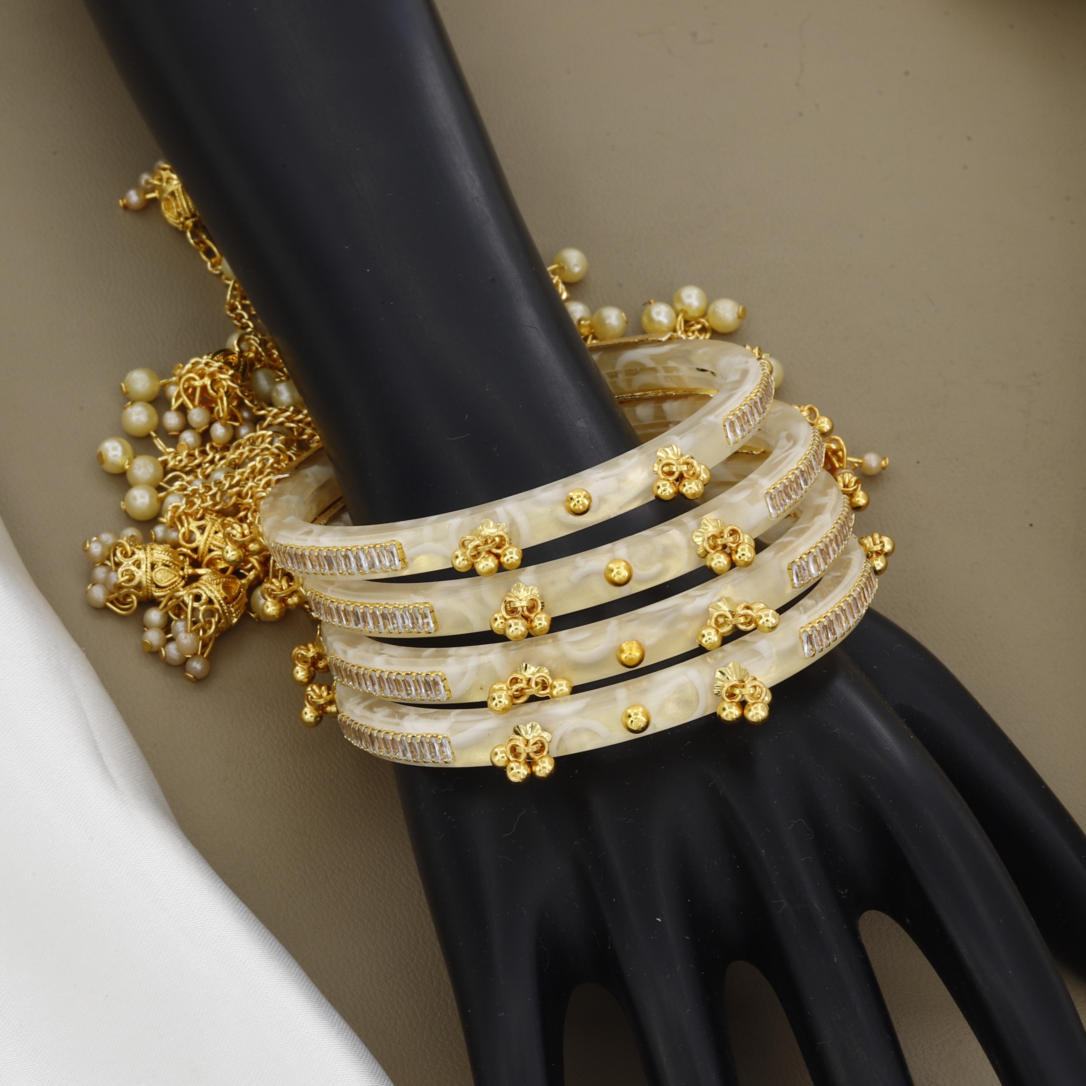 Handcrafted Cream Resin Bangle Set with Gold-Plated Accents and Pearl Charms