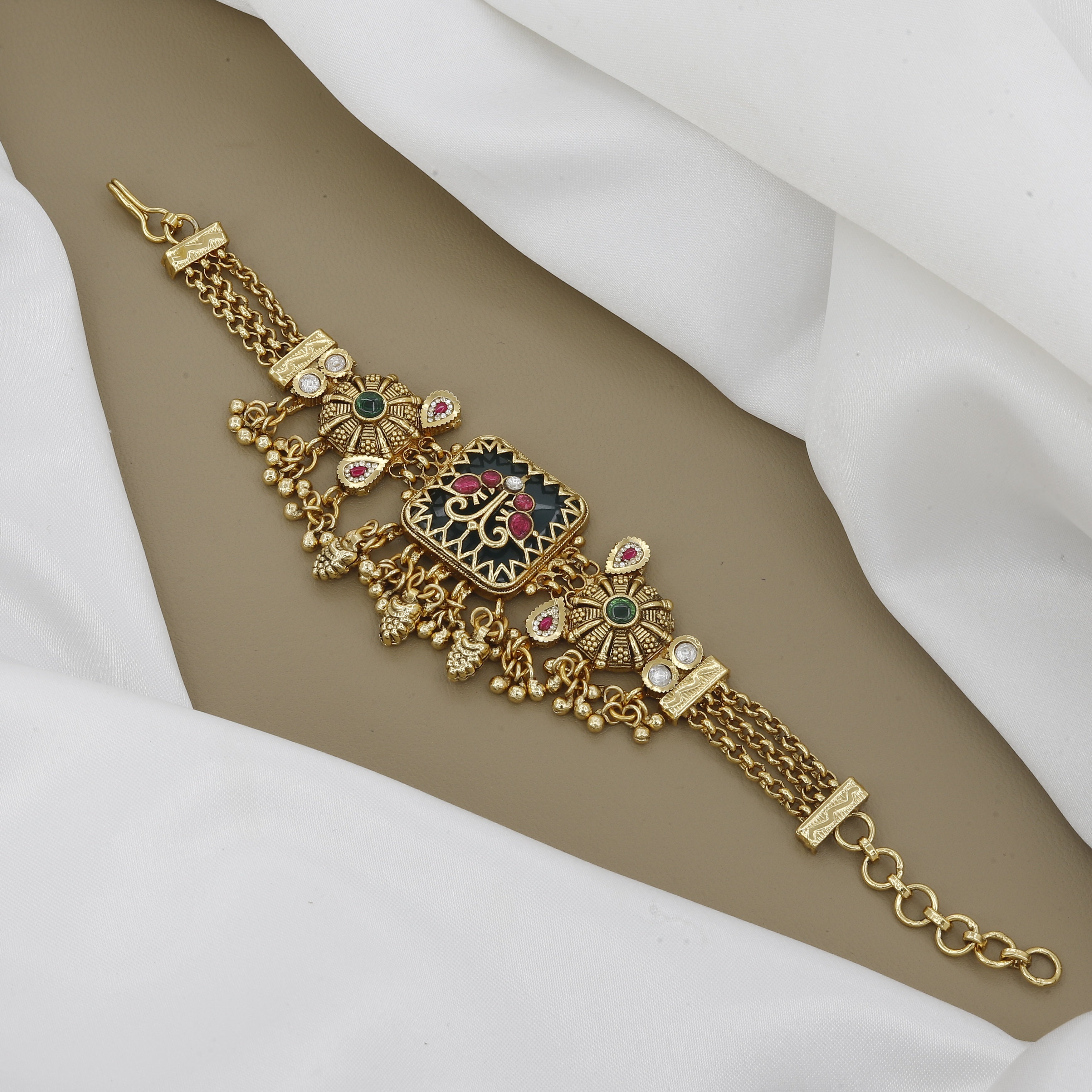 Geometric Antique Bracelet with Ruby & Green Gemstones