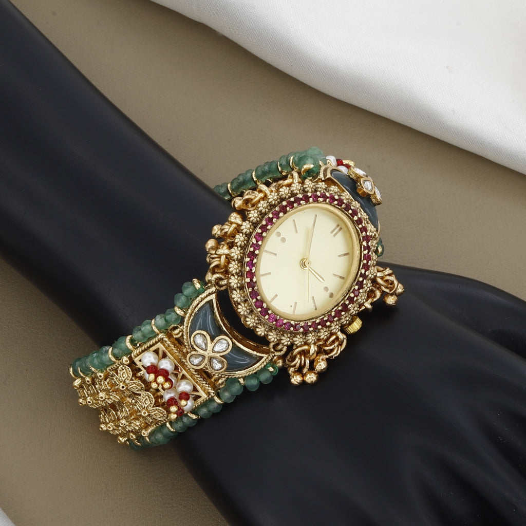 Antique Gold Temple Bracelet Watch with Green Beads & Ruby Accents