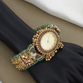Antique Gold Temple Bracelet Watch with Green Beads & Ruby Accents
