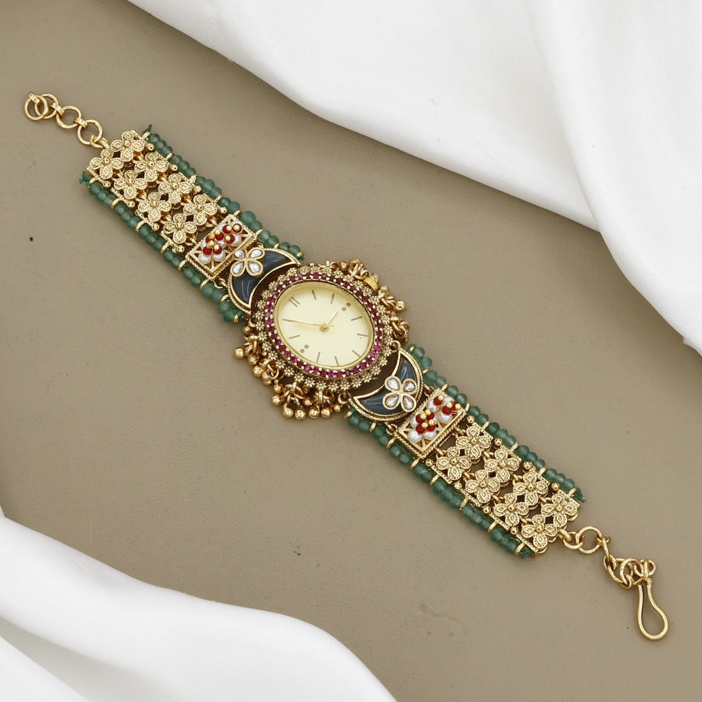 Antique Gold Temple Bracelet Watch with Green Beads & Ruby Accents