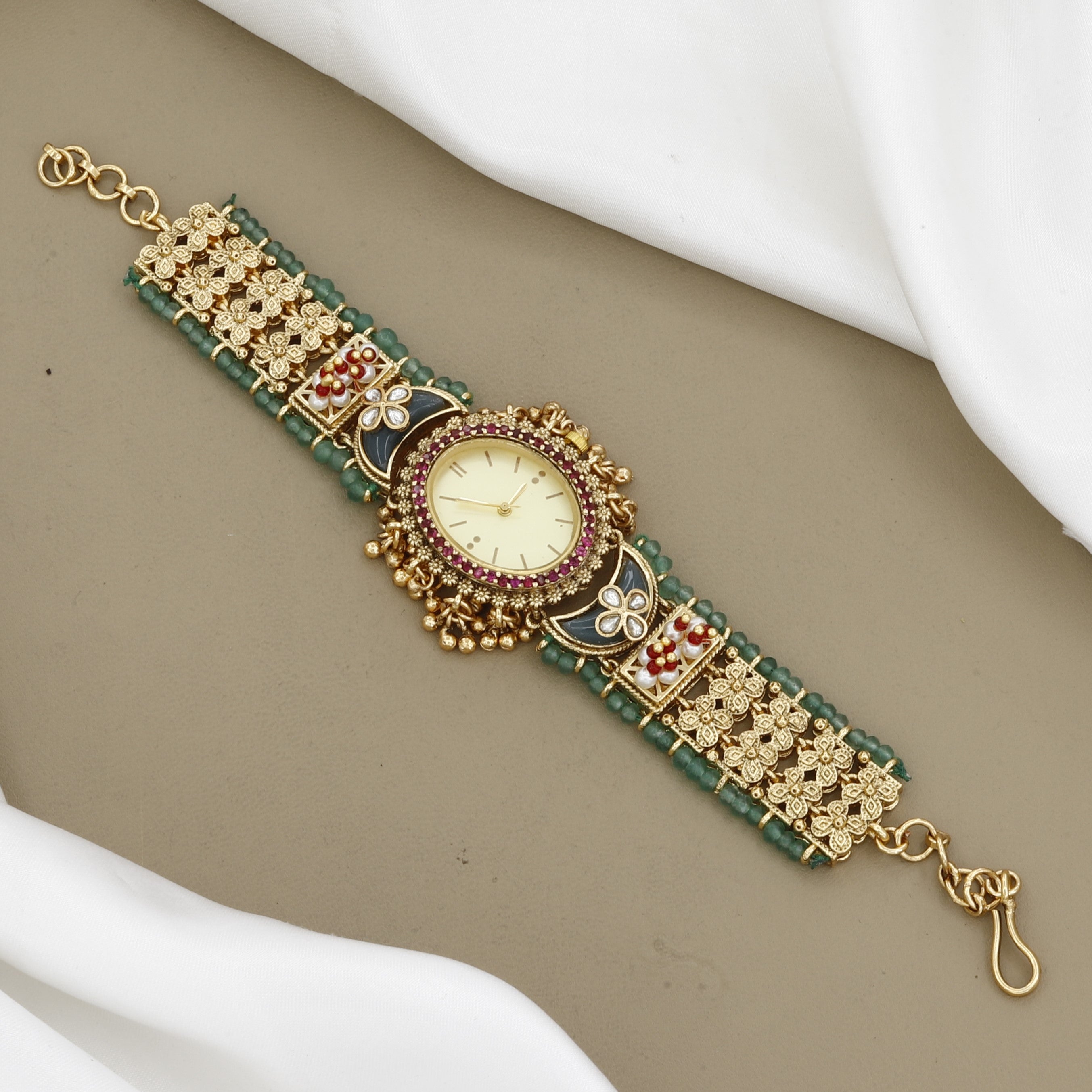 Antique Gold Temple Bracelet Watch with Green Beads & Ruby Accents
