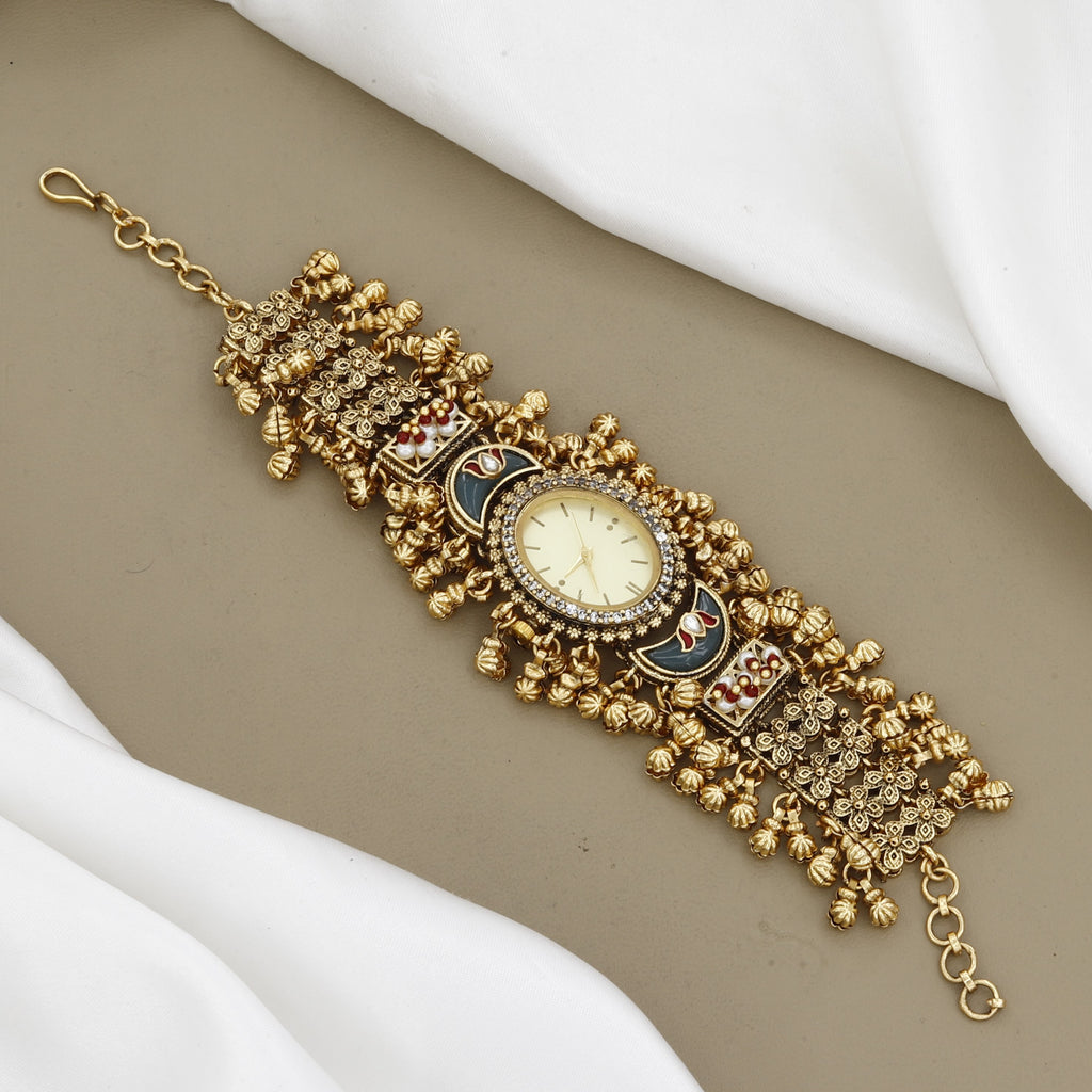Antique Gold Kundan Bracelet Watch with Ghungroo Dangles