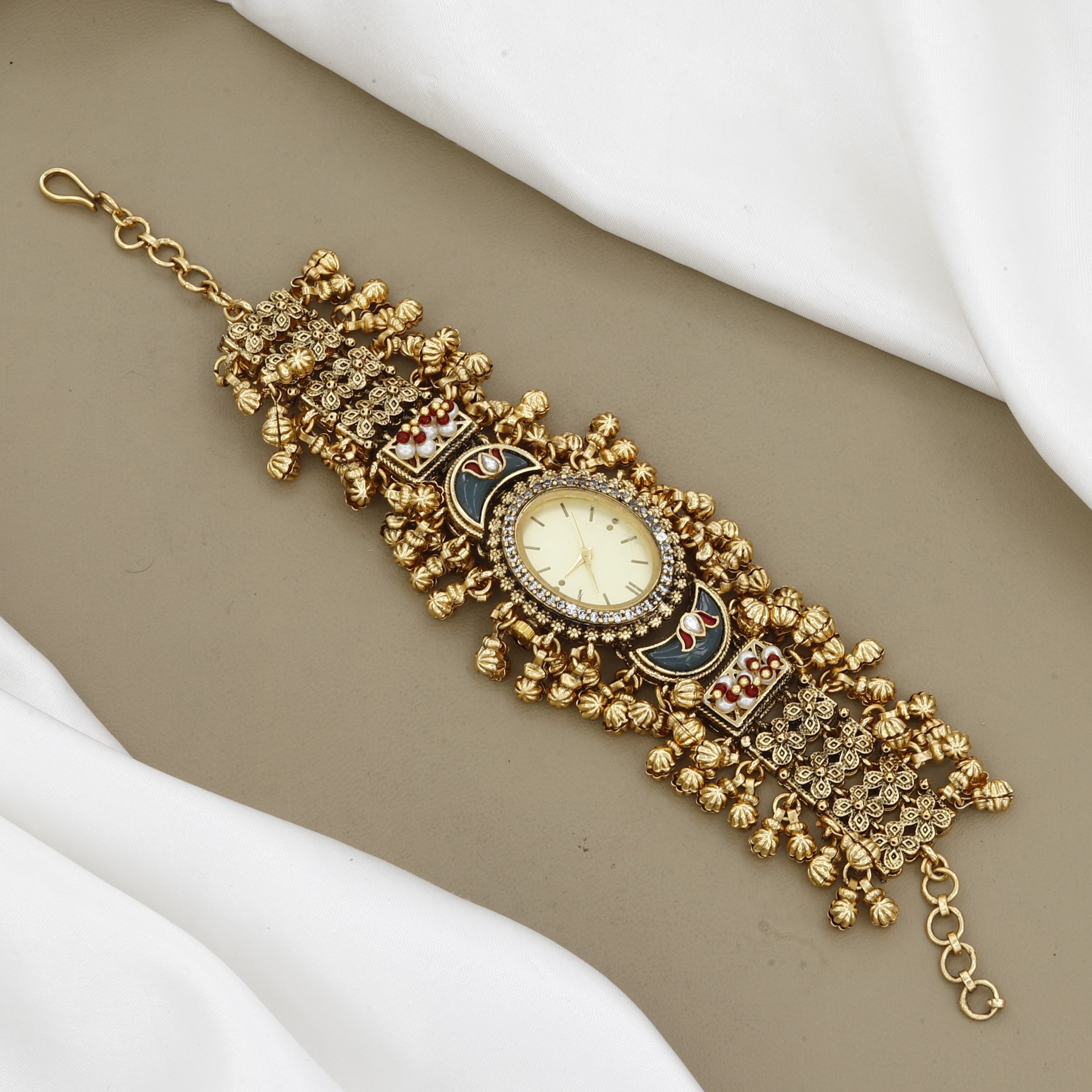 Antique Gold Kundan Bracelet Watch with Ghungroo Dangles