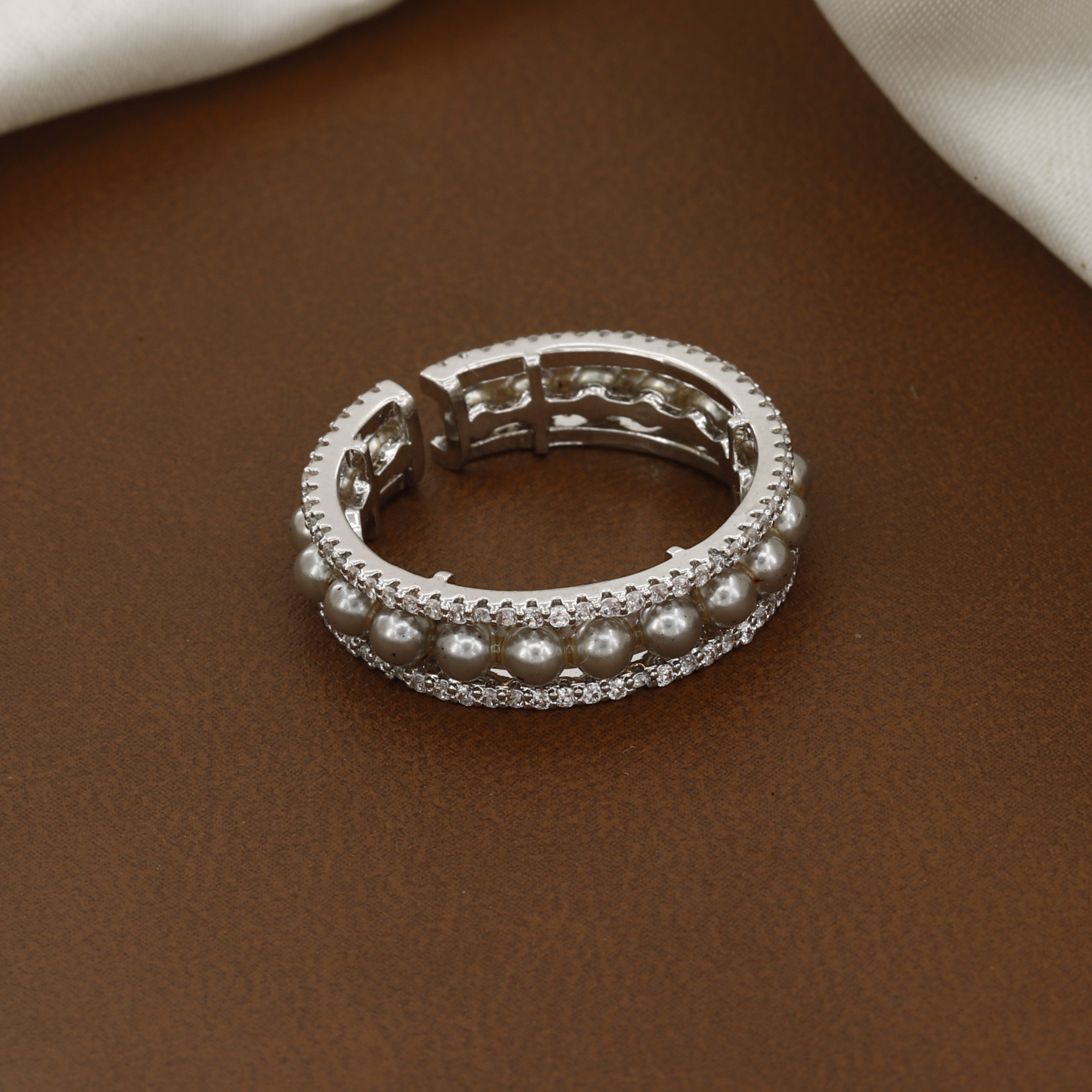 Silver Adjustable Pearl Eternity Ring with Sparkling Accents