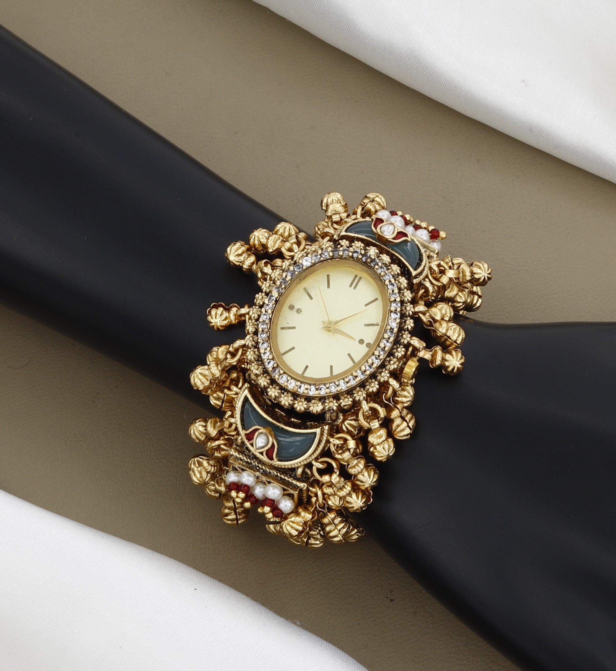 Antique Gold Kundan Bracelet Watch with Ghungroo Dangles