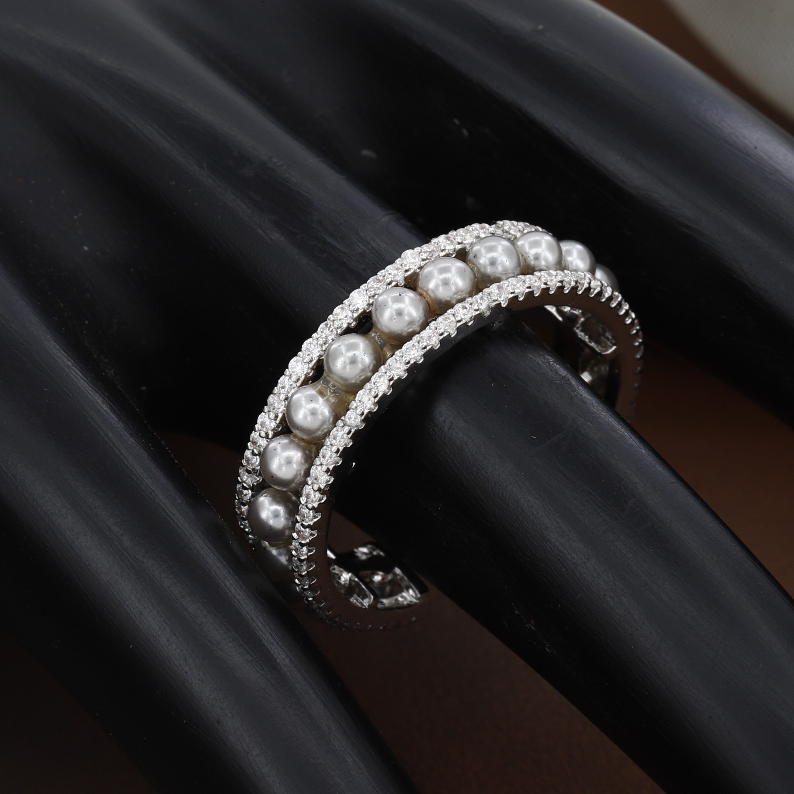 Silver Adjustable Pearl Eternity Ring with Sparkling Accents