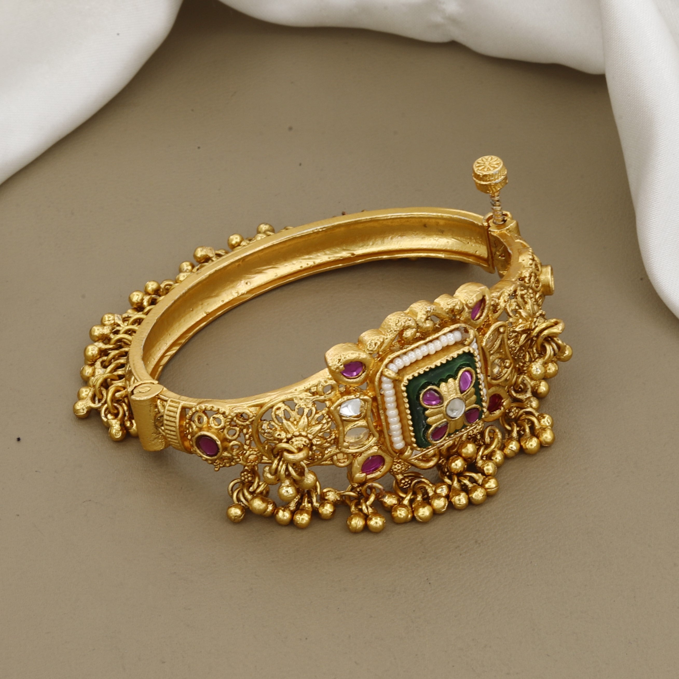 Antique Gold Temple Kada Bracelet with Ruby & Kundan Meenakari Work