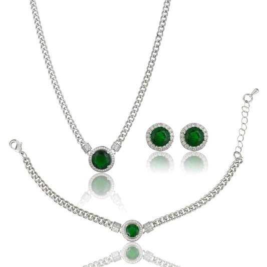 Green Big Stone Silverpolished Full Set Combo Jewelry