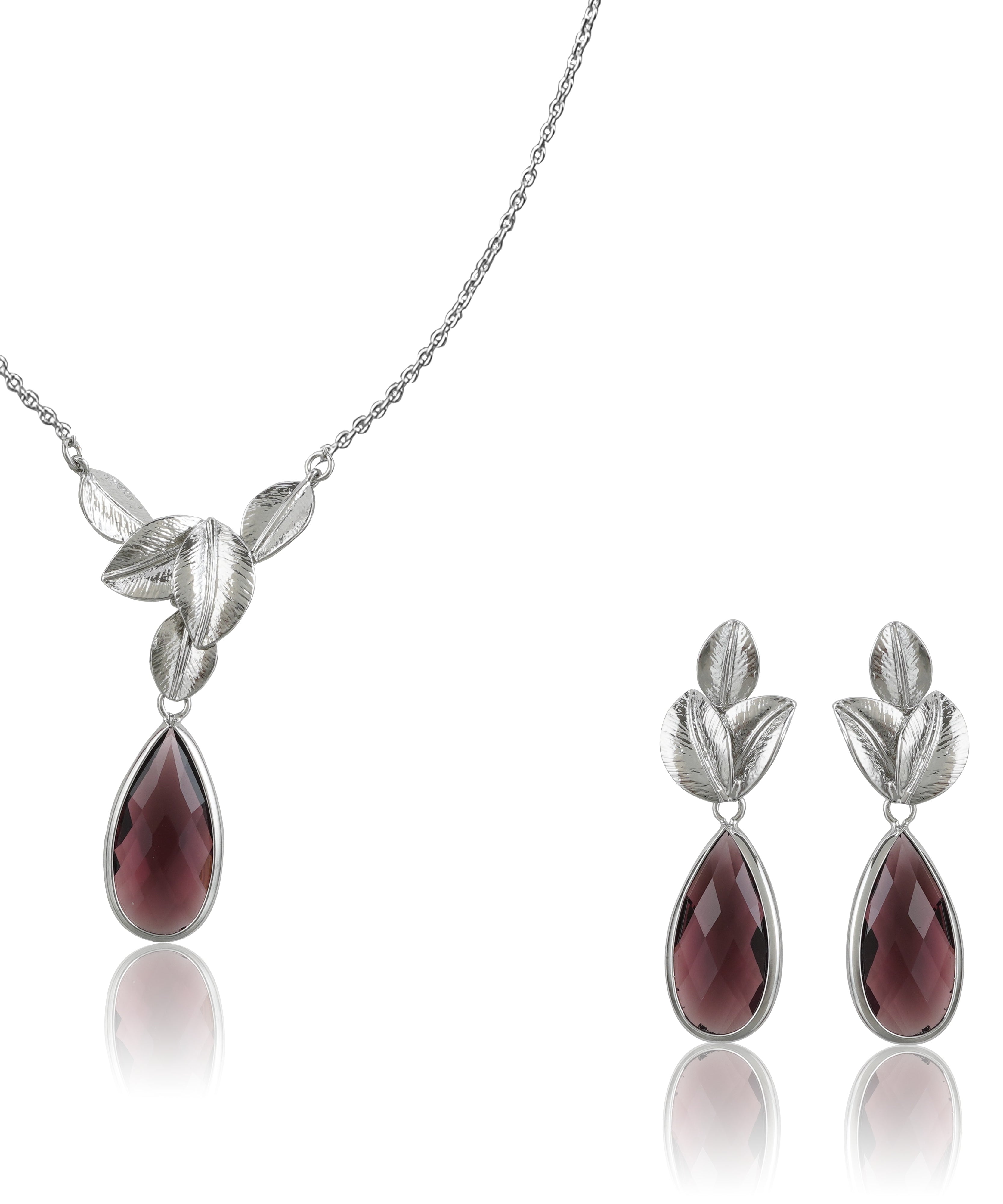 18k Silverpolished Leaf Swarovski Design Pendent Set