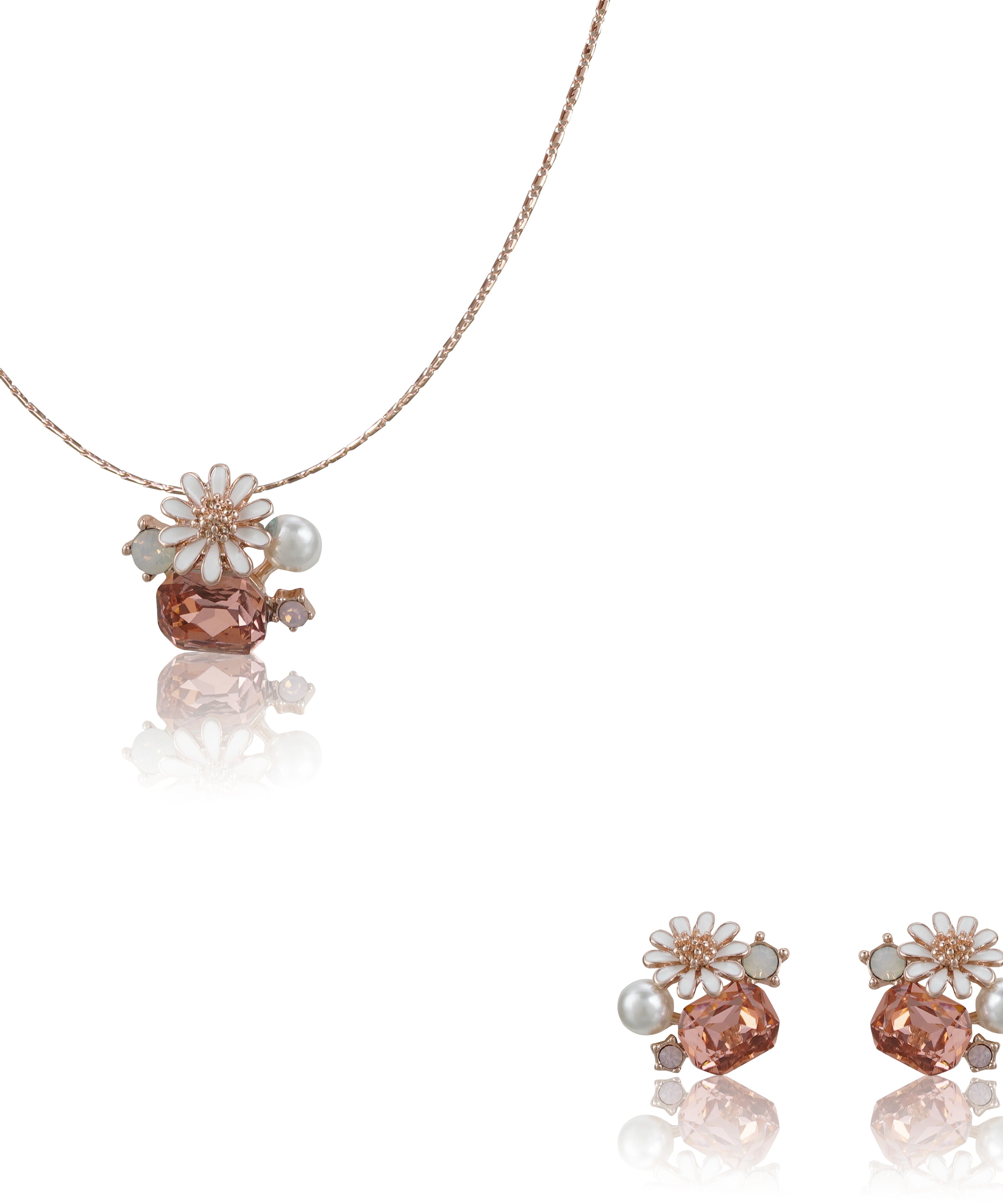 18k Rosepolished Swarovski Flower Design Pendent Set