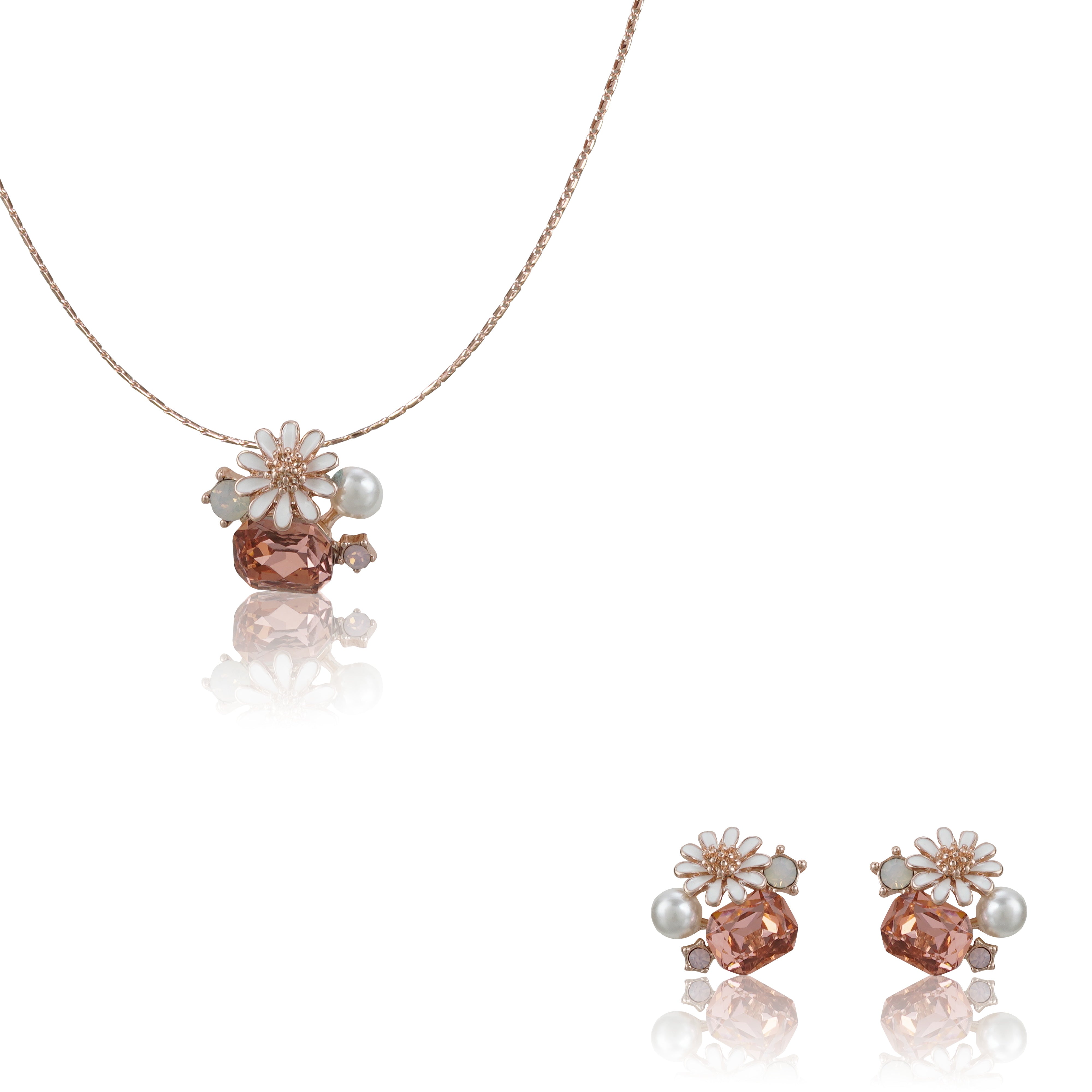 18k Rosepolished Swarovski Flower Design Pendent Set