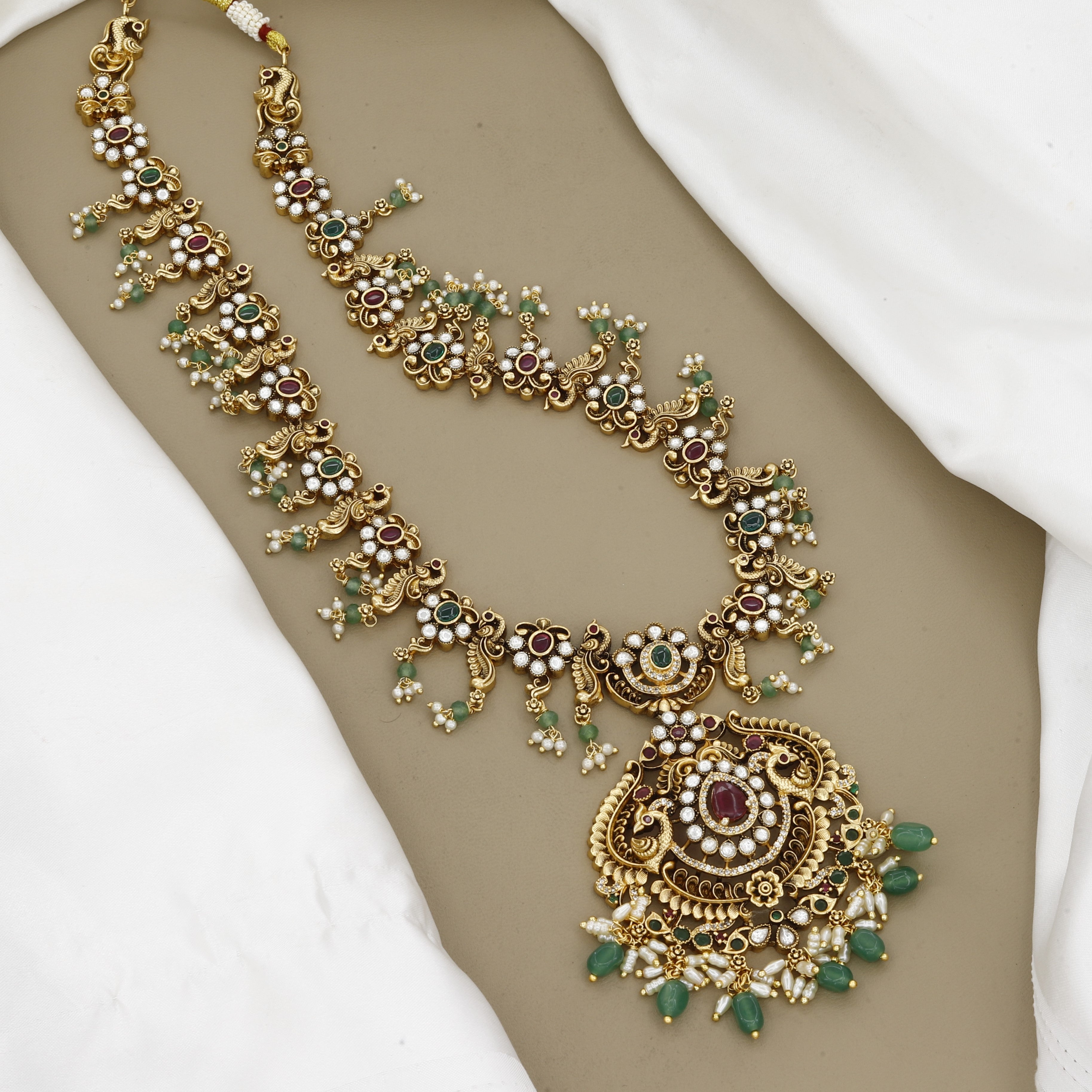 Peacock Antique Gold Full Jewelry Set with Ruby & Green Stone Accents