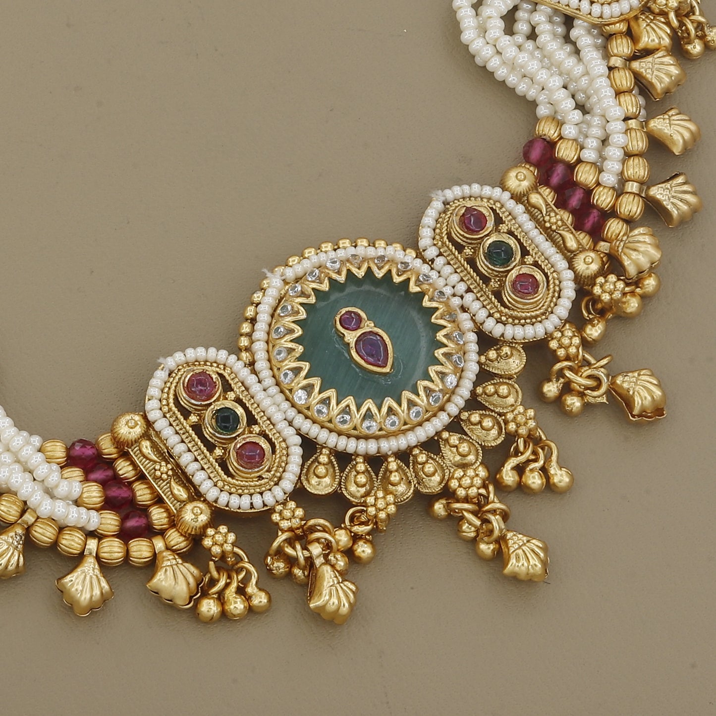 Antique Gold Toned Necklace Set with Pearl & Meenakari Work