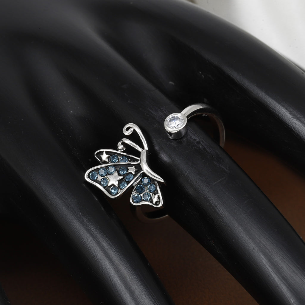 Silver Butterfly Adjustable Ring with Blue Crystals and Star Accents