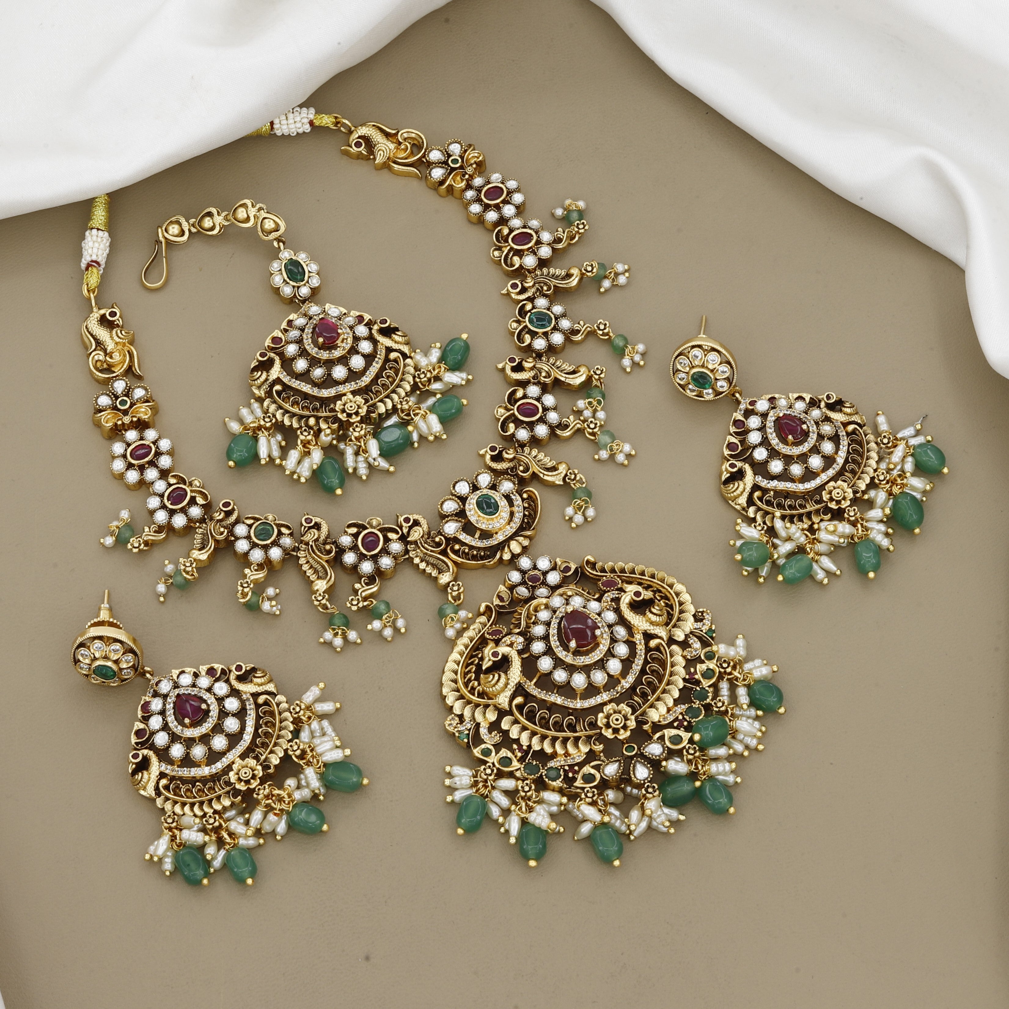 Peacock Antique Gold Full Jewelry Set with Ruby & Green Stone Accents