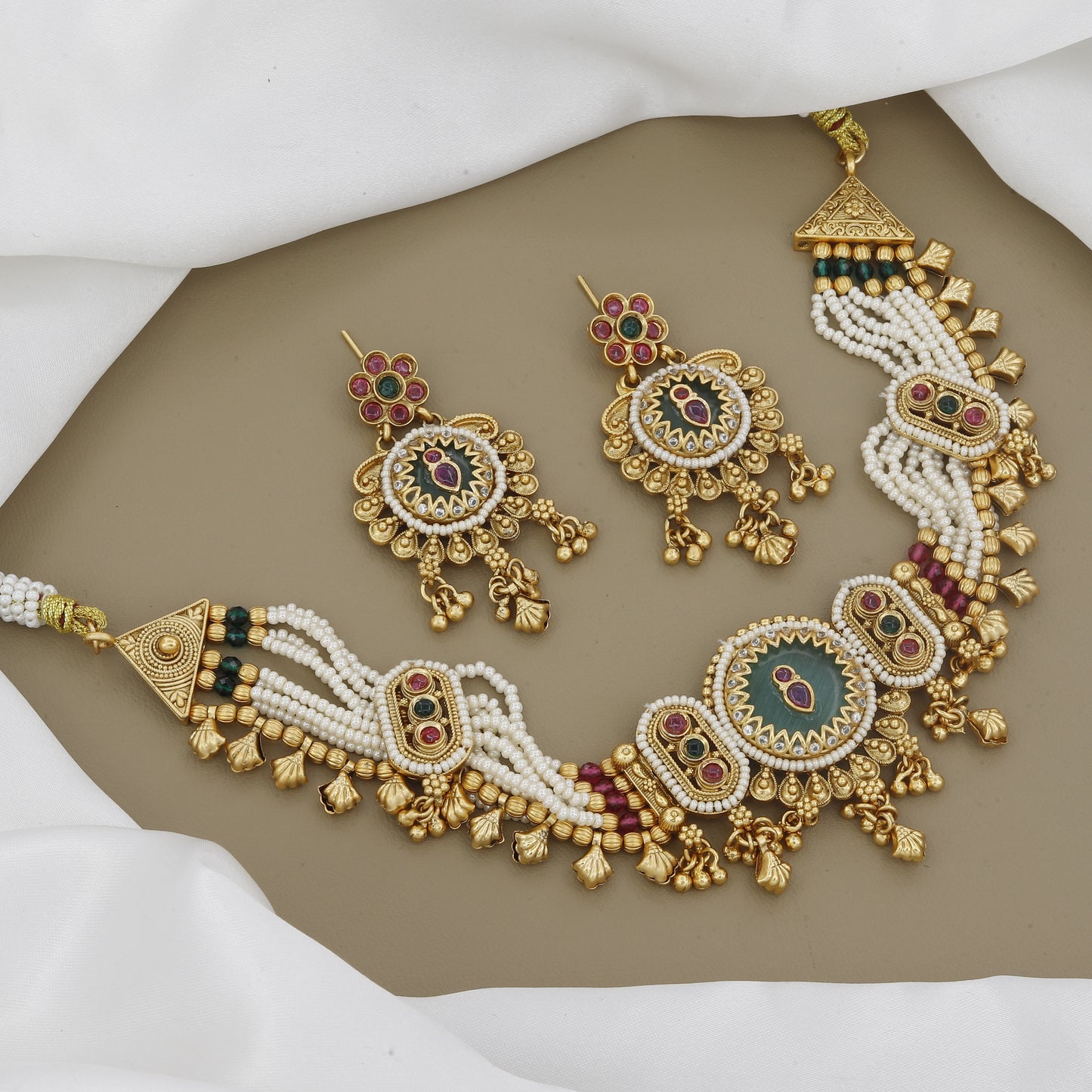 Antique Gold Toned Necklace Set with Pearl & Meenakari Work