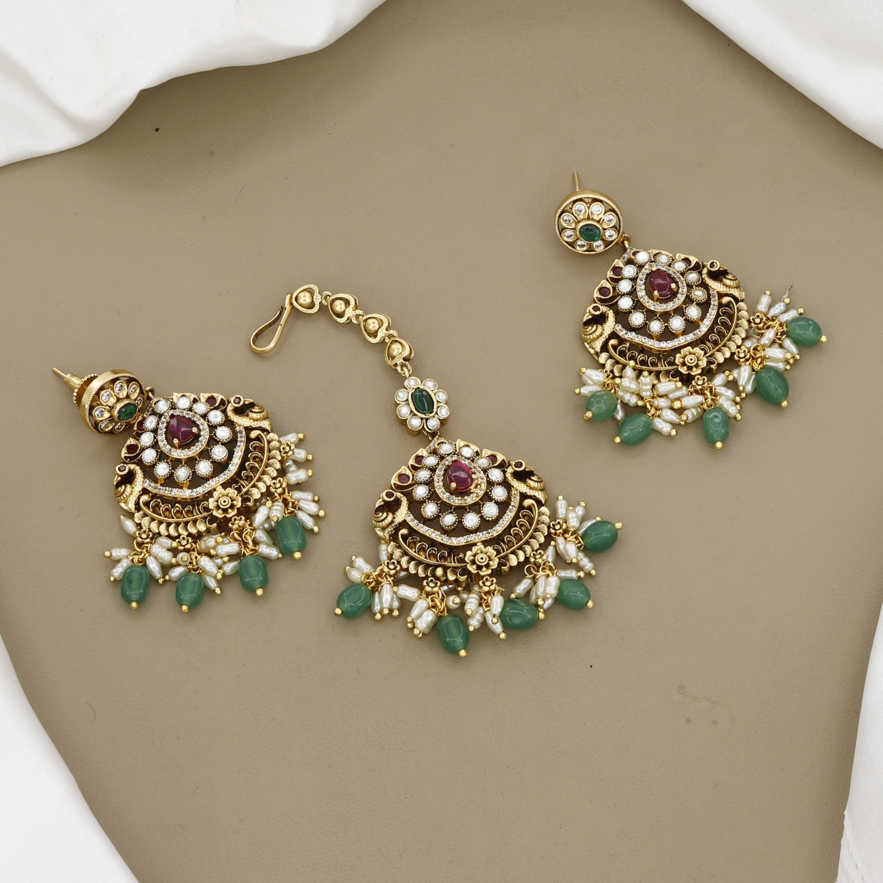 Peacock Antique Gold Full Jewelry Set with Ruby & Green Stone Accents