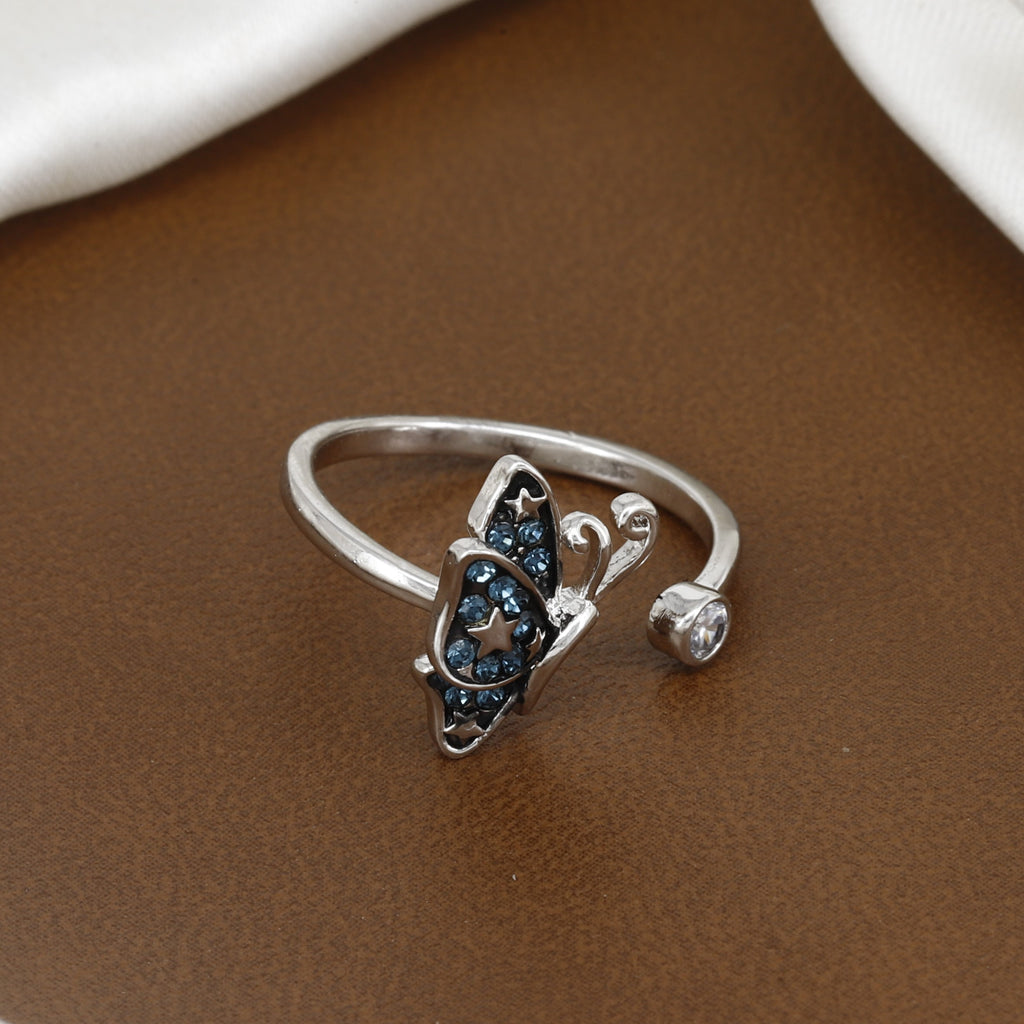 Silver Butterfly Adjustable Ring with Blue Crystals and Star Accents