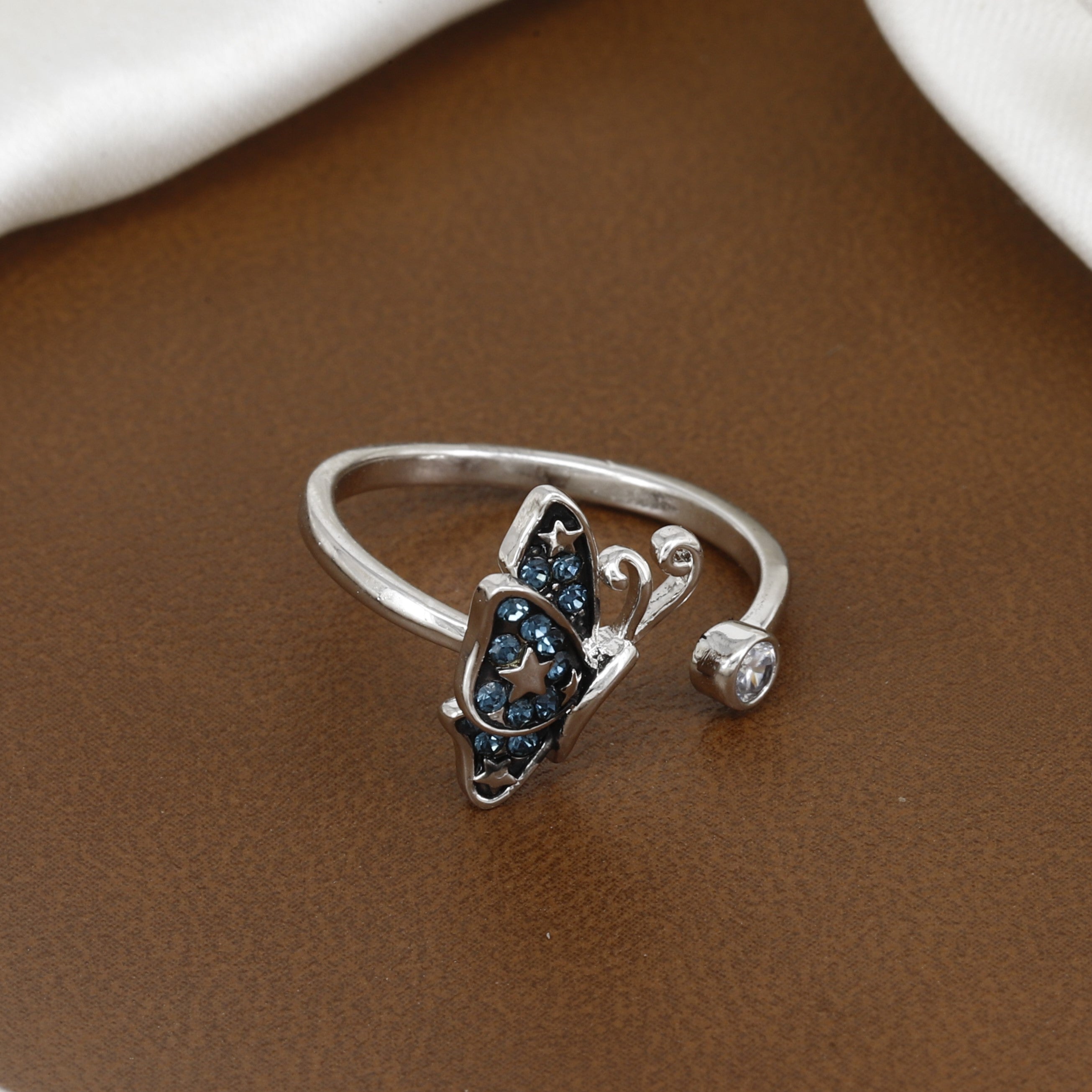 Silver Butterfly Adjustable Ring with Blue Crystals and Star Accents