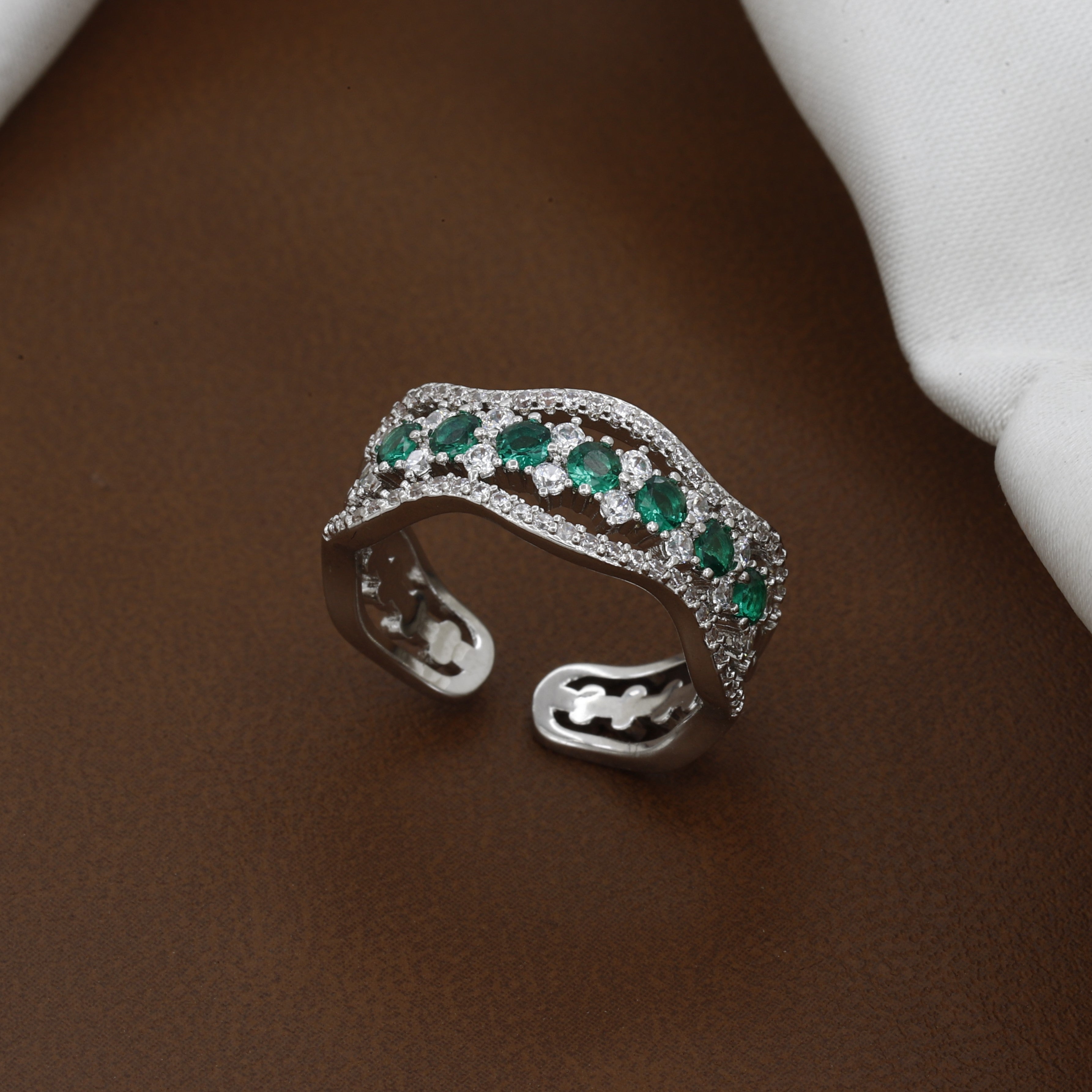 Silver Sapphire-Tone Wave Zirconia Eternity Ring