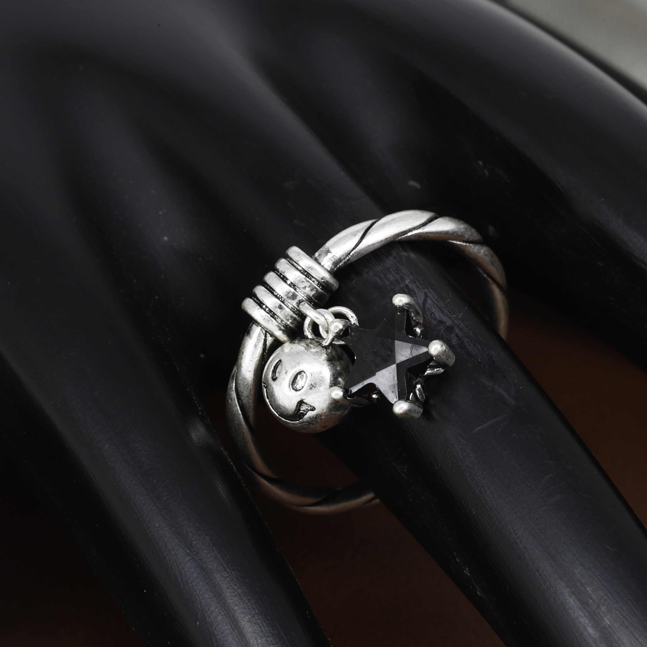 Oxidized Silver Star & Bell Adjustable Charm Ring