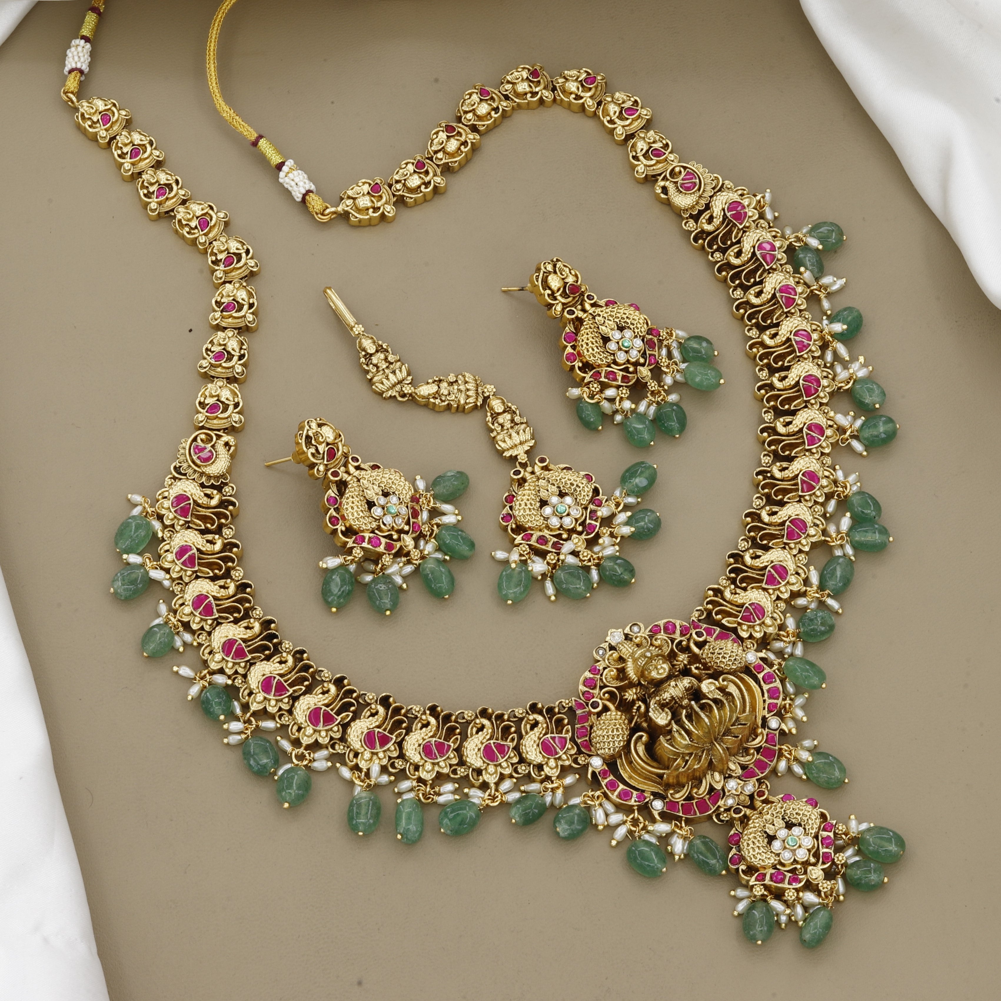 Traditional Lakshmi Lotus Temple Full Necklace Set