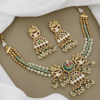 Antique Peacock Necklace Set with Kundan & Green Beads