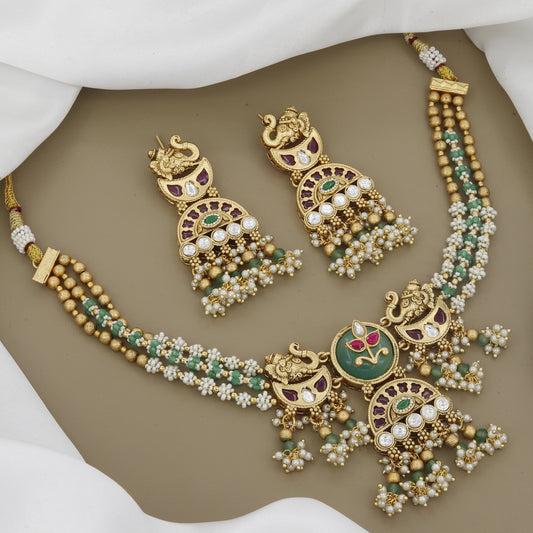 Antique Peacock Necklace Set with Kundan & Green Beads